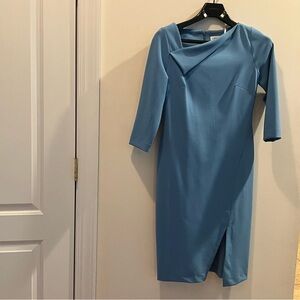 Calvin Klein Women's 3/4 Sleeve Drape Neck,  Slit Trim Solid Sheath Dress